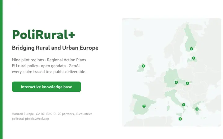 PoliRural+ interactive knowledge base: nine pilot regions on a map of Europe